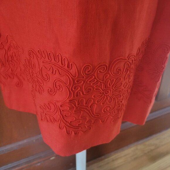 Vintage Donna Morgan Red Linen Dress Size 8 Sleeveless Embroidered Floral Detail - Picture 6 of 9